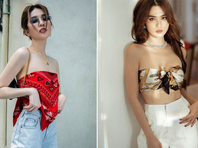 Ngọc Trinh hững hờ khoe vòng 1 với style áo bằng khăn.