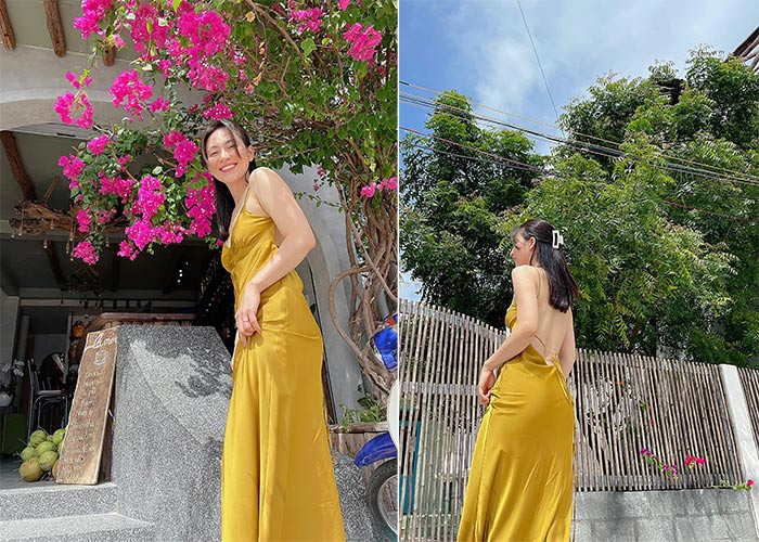 Nữ diễn viên "Vô diện sát nhân" khoe trọn lưng trần nuột nà trong chiếc váy hai dây quyến rũ.