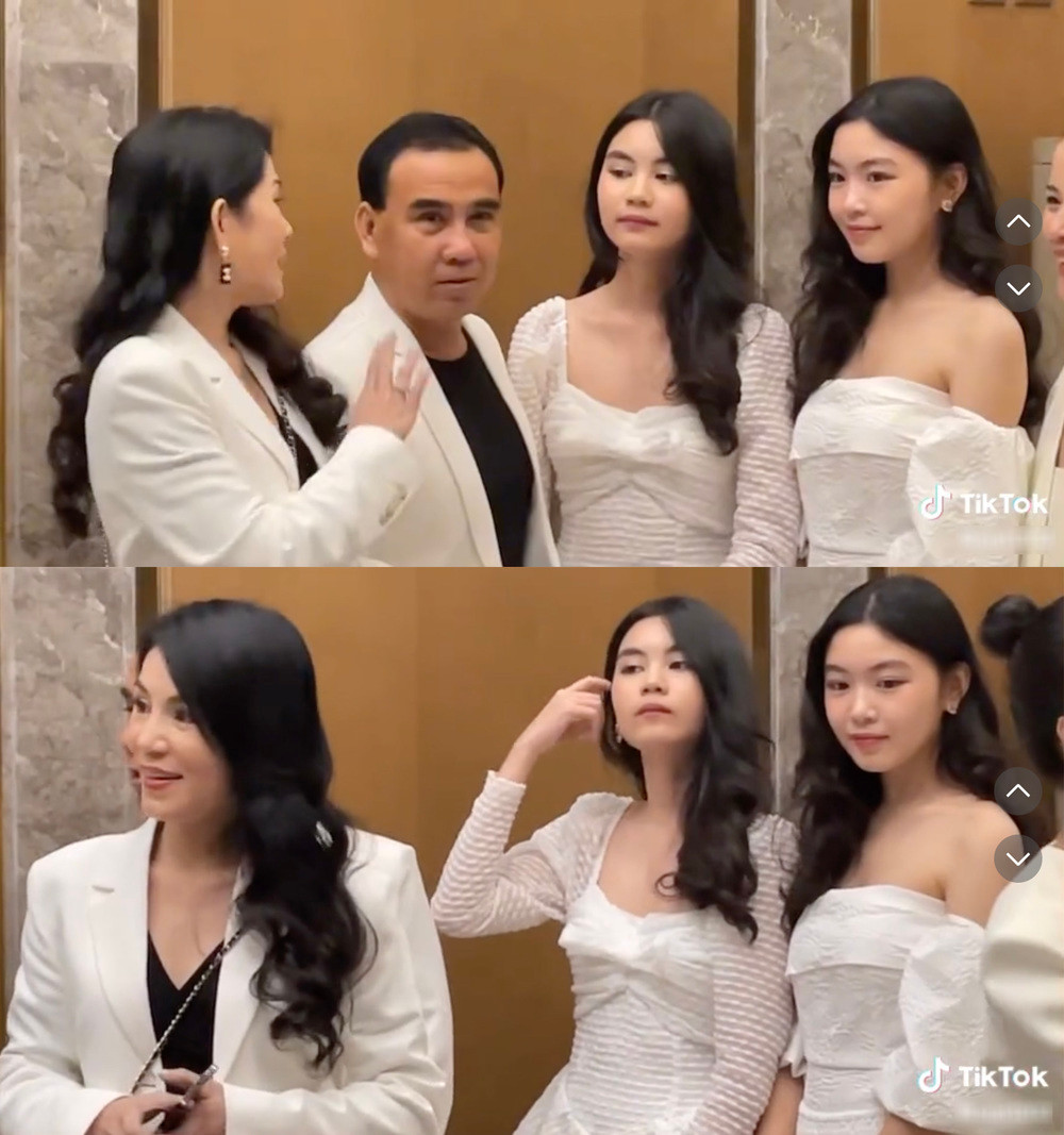 Gia đình Quyền Linh đẹp nổi bật với trang phục "tông xuyệt tông". Ảnh: TikTok @xun1203.