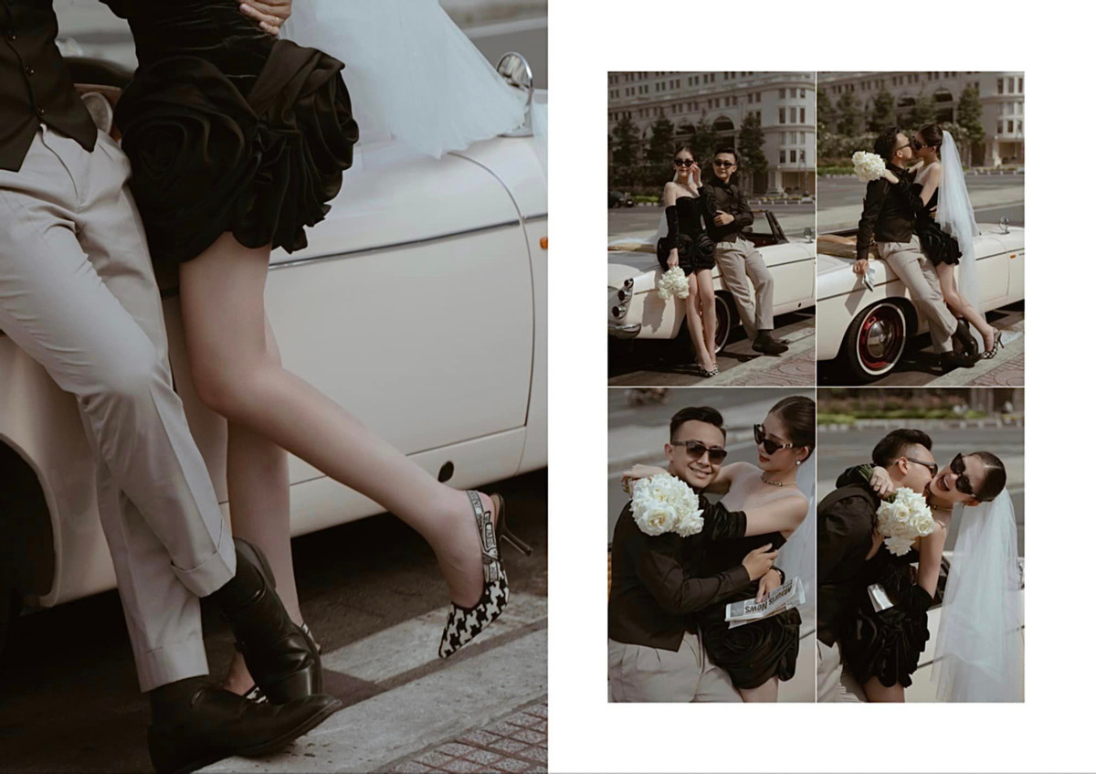 Ảnh cưới của Lê Âu Ngân Anh và ông xã BTV thực hiện bên xe cổ.