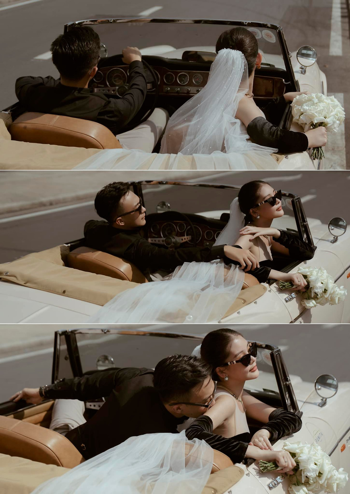 Chú rể Tô Ny bị bà xã nhắc nhở nhẹ vì "lái xe mà phân tâm quá". Anh cũng đáp lại: "Cũng hơi ẩu, tại cô dâu!".