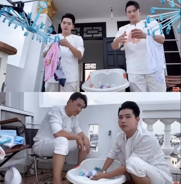 Hà Trí Quang và Thanh Đoàn cùng giặt quần áo, gối nệm cho con.