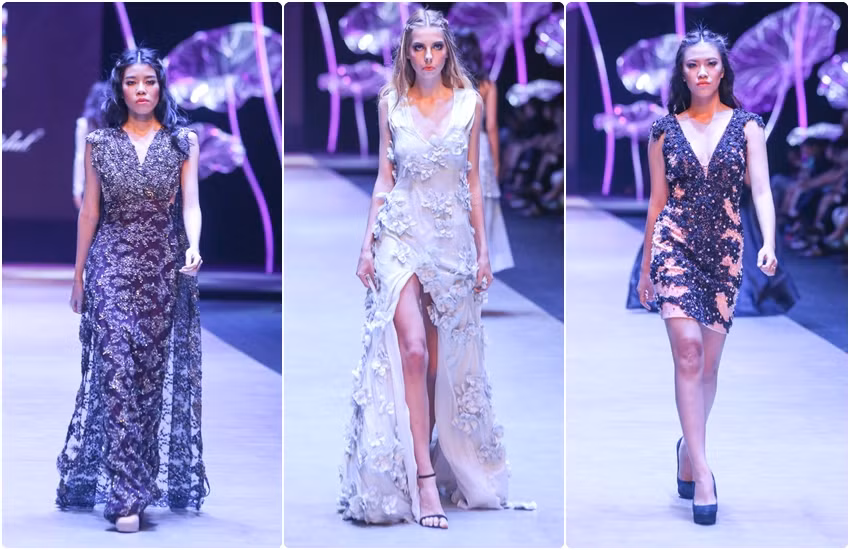 Nina Naustda lại làm sàn catwalk sáng bừng bởi hàng trăm viên đá Swarovski. 29 thiết kế trong bộ sưu tập Nina là những bộ trang phục kết hợp đá quý. Có tông màu pastel như vàng, kem, hồng nhạt, xanh… cách xử lý bề mặt chất liệu với kỹ thuật kết đá quý Swarovski làm nên sự nổi bật cho các thiết kế của Nina.