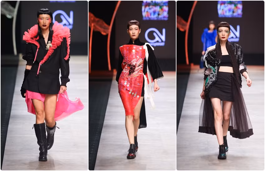 Hình tượng những cô gái trong thiết kế của Quang Nhật dung hòa giữa cá tính mạnh mẽ độc lập không kém phần nữ tính dịu dàng. Phong cách bất đối xứng trong kiến trúc được vận dụng tối đa qua những kiểu đầm đổ bèo lệch tầng, áo lệch tà… một cách sáng tạo.