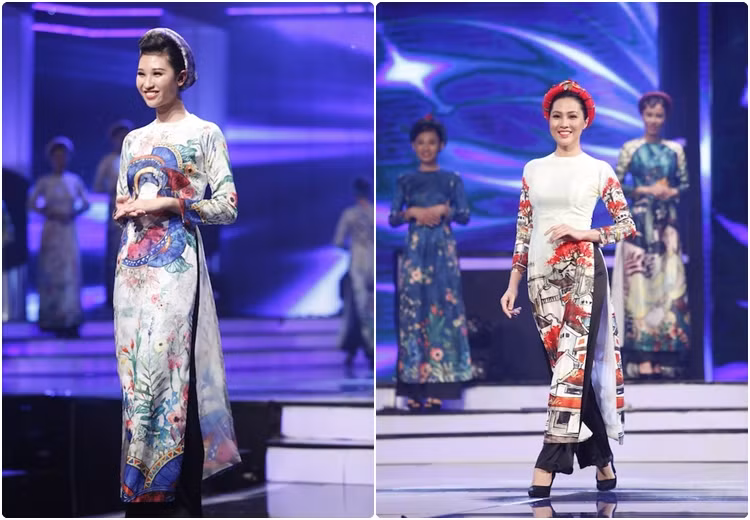 Đêm đầu tiên là cơ hội để 18 thí sinh gây ấn tượng ban đầu với màn tự giới thiệu và trình diễn thời trang. Sau đó, các thí sinh chính thức bước vào hành trình luyện tập và trau dồi kiến thức để chinh phục đỉnh cao nhất của cuộc thi và trở thành người đẹp toàn diện từ nhan sắc, trí tuệ, tâm hồn... Trong ảnh là màn trình diễn áo dài của Anh Thư (trái) và Ngọc Diệu (phải).