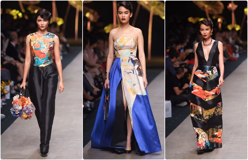 Gấm thêu chỉ vàng, lụa, taffta, oganza là chất liệu chính được sử dụng trong bộ sưu tập. Họa tiết hoa lá, chim hạc truyền thống từ thiên nhiên trong những bức bích họa cổ Nhật Bản mang đến sức hút cho trang phục phương Đông.