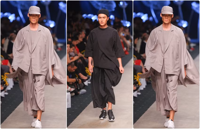 Với bảng màu đơn giản, trắng – đen – xám – be, nhà thiết kế trẻ khai thác triệt để sự tinh tế trong chất liệu tự nhiên: bông, lanh, cotton, kaki, linen, đũi, xô… Đặc biệt, chiếc mũ Mandarin của người Mã Lai được kết hợp một cách khéo léo với trang phục tạo thành điểm nhấn đặc biệt cho bộ sưu tập của Joe Chia.