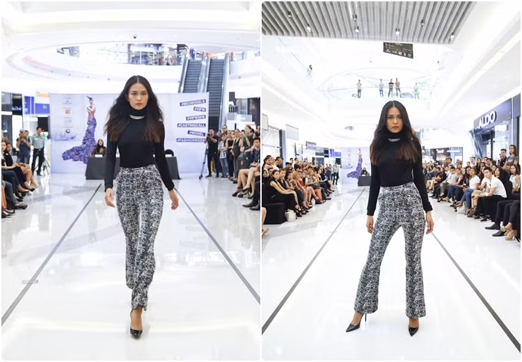 Hai nữ giám khảo xinh đẹp Mâu Thủy và Hoàng Thùy thị phạm phần catwalk để truyền lửa cho thí sinh.