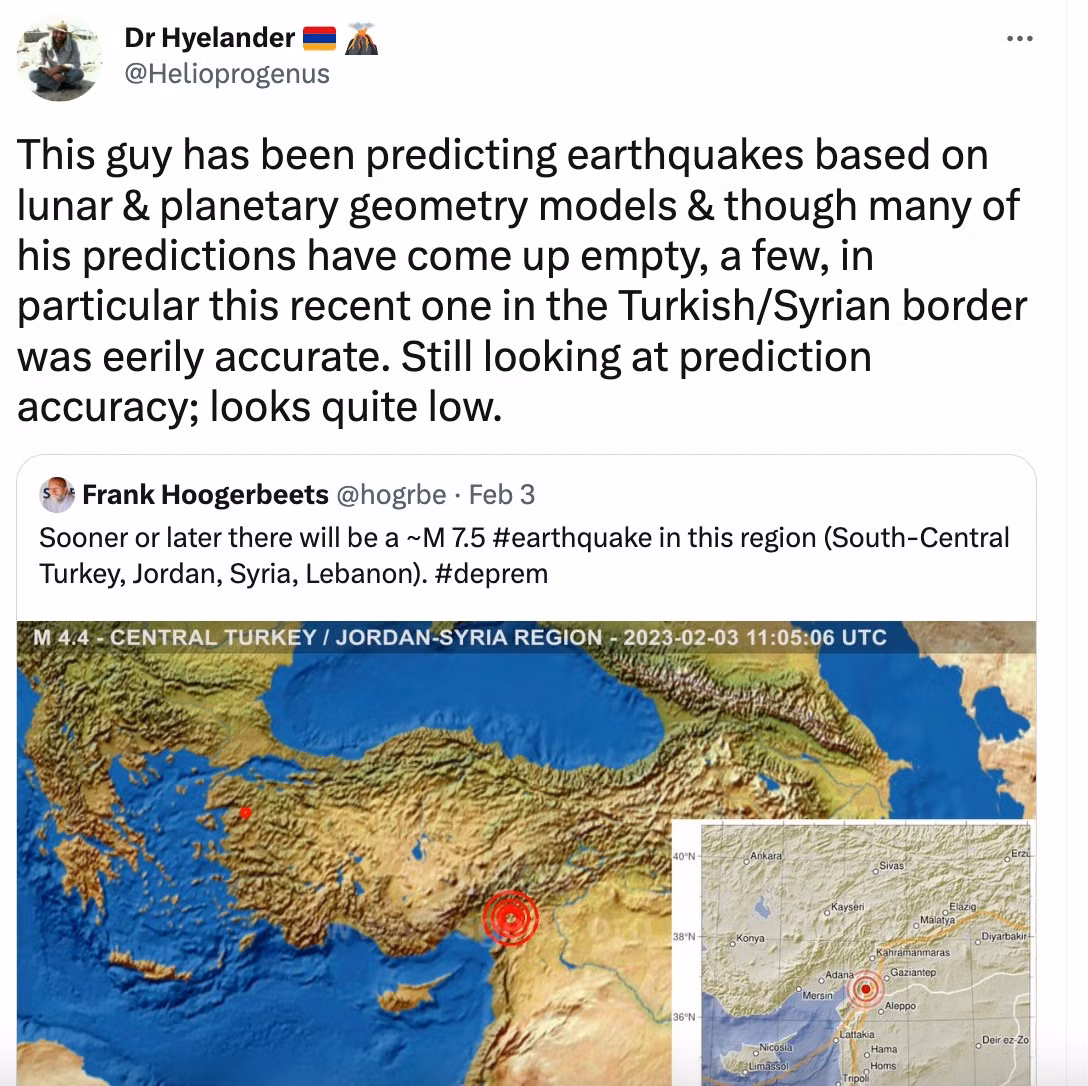 Mới đây, ông Hoogerbeets đưa ra "tiên tri" về một trận động đất với độ mạnh tương tự thảm kịch ở Thổ Nhĩ Kỳ sẽ xảy ra ở Bờ Tây nước Mỹ vào cuối tuần này.