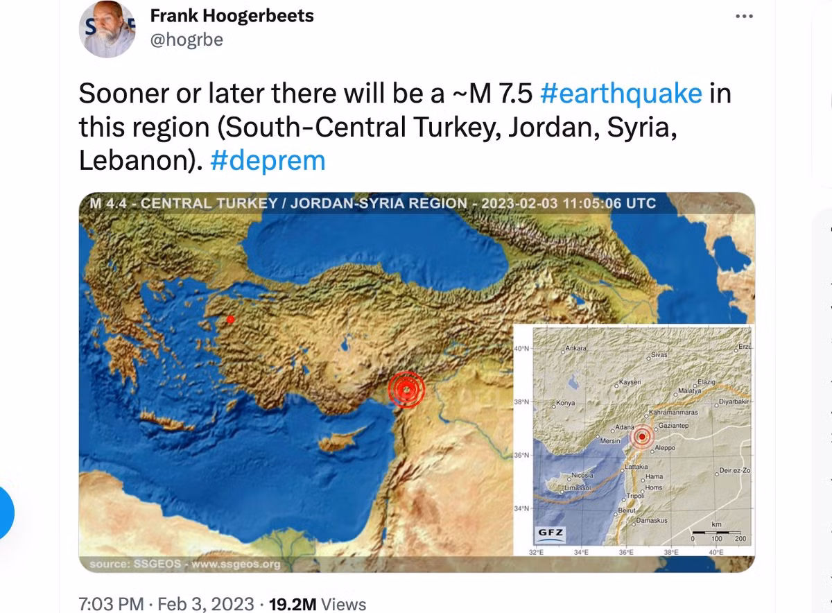 Nhà nghiên cứu người Hà Lan Frank Hoogerbeets thuộc Cơ quan Khảo sát Địa chất Hệ Mặt trời (SSGEOS) nổi tiếng thế giới khi dự đoán chính xác thảm họa động đất xảy ra ở Thổ Nhĩ Kỳ vào ngày 6/2/2023. Từ đây, nhiều người tò mò ông sẽ đưa ra những dự đoán thế nào về tương lai của nhân loại.