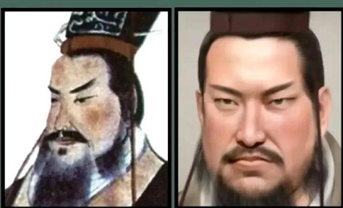 Từ đó, các chuyên gia Trung Quốc đã thực hiện dự án nhằm phục dựng chân dung của một số nhân vật nổi tiếng lịch sử phong kiến bằng những công nghệ, kỹ thuật hiện đại. Trong ảnh là gương mặt Tần Thủy Hoàng trong tranh vẽ và ảnh phục dựng bằng AI. Theo hình ảnh phục dựng, Vua Tần có dung mạo khá hung dữ.