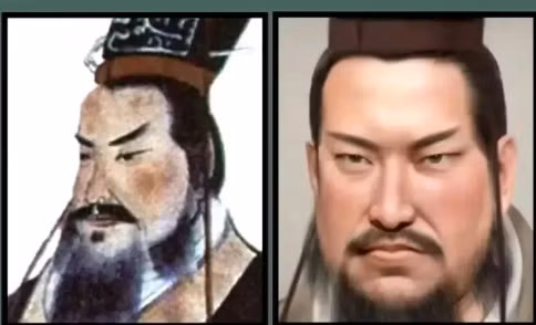 Từ đó, các chuyên gia Trung Quốc đã thực hiện dự án nhằm phục dựng chân dung của một số nhân vật nổi tiếng lịch sử phong kiến bằng những công nghệ, kỹ thuật hiện đại. Trong ảnh là gương mặt Tần Thủy Hoàng trong tranh vẽ và ảnh phục dựng bằng AI. Theo hình ảnh phục dựng, Vua Tần có dung mạo khá hung dữ.
