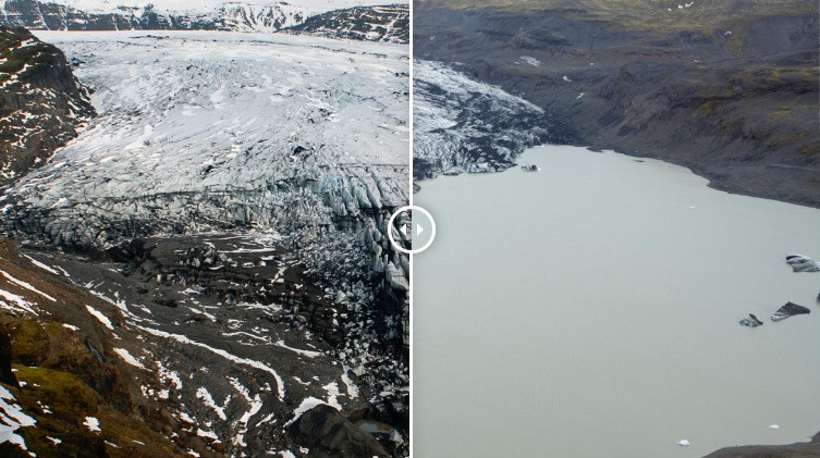 Hai bức ảnh này được chụp vào năm 2007 và 2016 cho thấy sông băng Sólheimajökull ở Iceland đang dần tan chảy. Trong 20 năm qua, tốc độ tan chảy của sông băng ước tính đã tăng gấp 2 lần do hiện tượng nóng lên toàn cầu. Ảnh: James Balog.