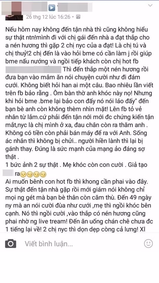 Nhiều ngày sau đó, dân mạng tiếp tục truyền tai nhau câu chuyện Đạt Cỏ do bị người yêu giận dỗi vô cớ nên đã vội vã đến với người yêu trong trạng thái đã uống rượu, bia, đi đường tối nên mới gặp tai nạn. Dù chưa rõ thực hư của câu chuyện này ra sao nhưng từng đó cũng đủ tạo ra sự bức xúc cho vô số dân mạng, những người còn đang tiếc nuối, đau khổ khi chứng kiến sự ra đi bất ngờ của Đạt Cỏ. Hôm nay 49 ngày Đạt Cỏ, cô gái trẻ tên H. - bạn gái của chàng trai quê gốc Sơn Tây một lần nữa lại bị những người đến dự lễ viếng "kể tội", chỉ ra nhiều hành động thể hiện sự vô tâm, vô cảm đến đáng ghét.