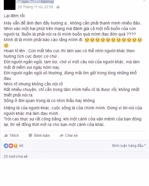 Thỉnh thoảng, H. chỉ đăng lên trang cá nhân của mình một vài dòng status mang đầy ẩn ý. Lần gần nhất H. viết: "Rất nhiều chuyện, chỉ cần trong tâm mình hiểu rõ là được rồi, không nhất thiết phải nói ra. Sống ở đời quan trọng là có nhìn thấu hay không. Miệng là của người khác, cuộc sống là của chính mình. Đừng vì lời nói của người khác mà làm đau mình"... Lời nói đầy ẩn ý của H. dường như để ngầm nhắn nhủ đến mọi người rằng đằng sau những câu chuyện mà dân mạng truyền tai nhau, nói về cô suốt thời gian qua, vẫn còn rất nhiều uẩn khúc nhưng H. đã không nói ra.