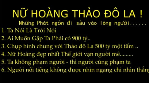 Bắt chước Kenny Sang tự nhận mình là "công chúa", "hot boy số 1 Việt Nam".... Thảo Đô-la cũng tự nhận mình là "nữ hoàng", đưa ra một vài điều kiện "ghê người" như "Muốn gặp ta phải có 900 tỷ", "Chụp hình chung phải mất 500 tỷ một tấm"... Ngoài ra, Thảo Đô-la còn tạo ra sự bức xúc "không hề nhẹ" trên mạng xã hội khi luôn gọi mọi người là "tụi bay" hoặc "lũ nhà quê". Dường như Thảo Đô-la không giấu giếm ý định tìm kiếm sự "nổi tiếng" bằng các chiêu trò khoe khoang, "nổ" trên mạng xã hội. Và như một "công thức" chung cho những nhân vật nổi tiếng bằng cách này, Thảo Đô-la cũng có sức chịu đựng cực cao trước những búa rìu, chỉ trích từ cộng đồng mạng. Ảnh: Facebook.