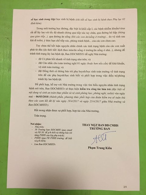 Biên bản phụ huynh gửi ban giám hiệu về sự việc (ảnh: PHCC)