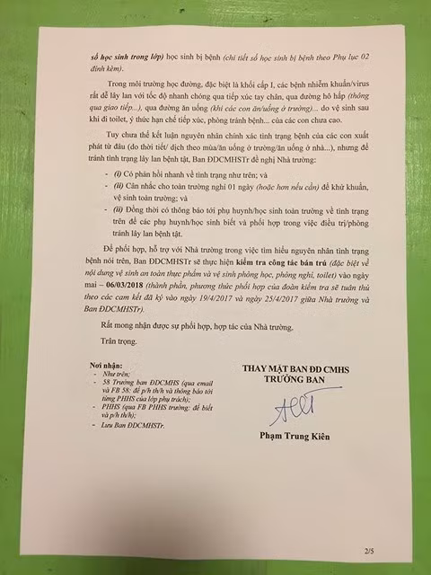 Biên bản phụ huynh gửi ban giám hiệu về sự việc (ảnh: PHCC)