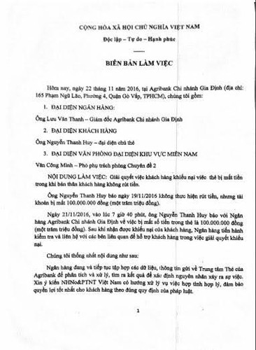 Biên bản làm việc về vụ mất 100 triệu đồng của anh Huy với ngân hàng Agribank.