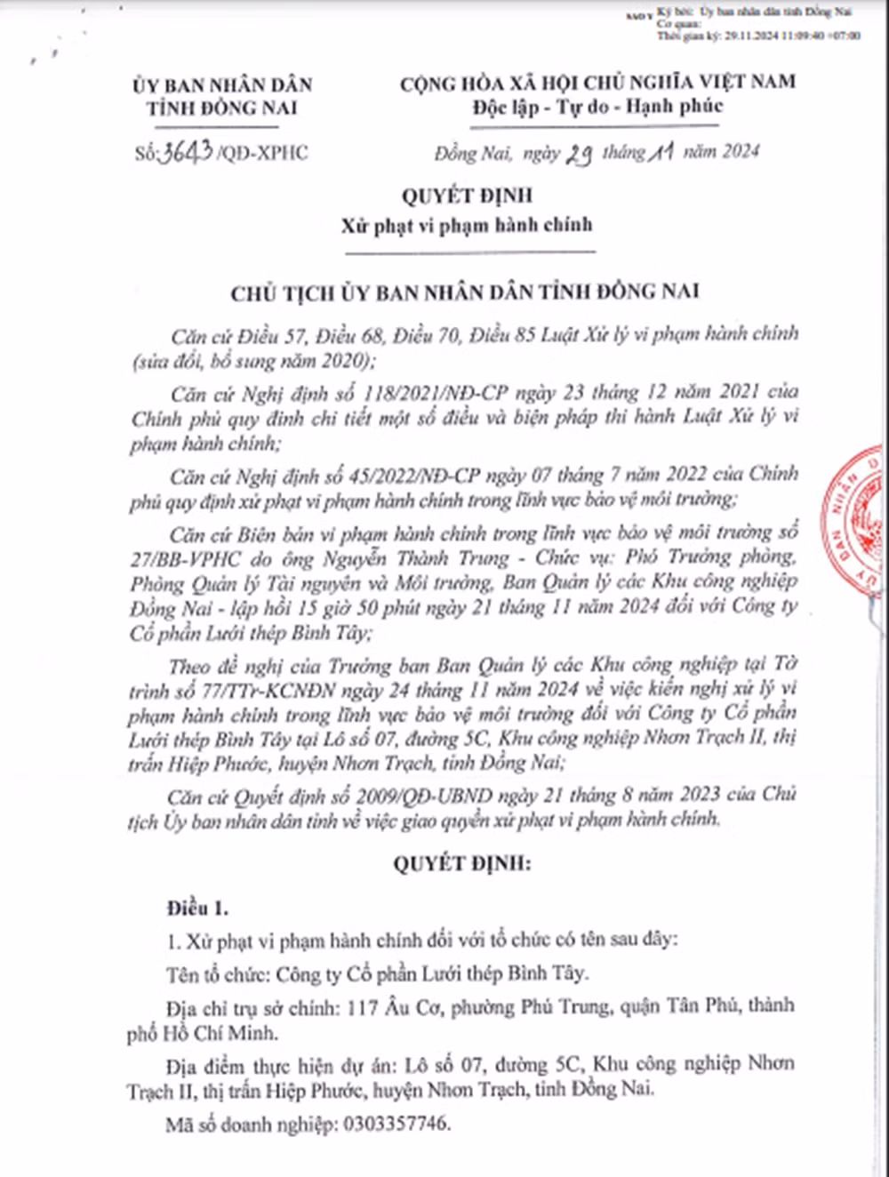 Vi pham ve moi truong, Luoi thep Binh Tay bi phat gan nua ty dong-Hinh-2