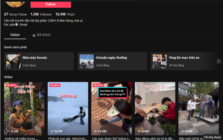 Hiện trang cá nhân TikTok Hằng Du Mục đang có hơn 1,3 triệu lượt theo dõi cùng hàng trăm video.