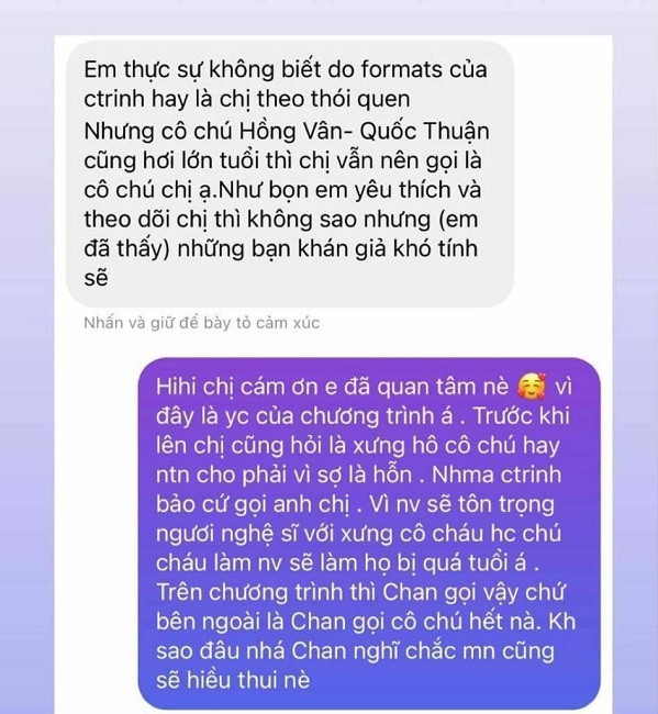 Trên Instagram, một fan đã gửi tin nhắn cho vợ Xemesis để thắc mắc về vấn đề này. Theo fan, Xoài Non cần gọi Hồng Vân và Quốc Thuận là "cô", "chú" mới phải phép.