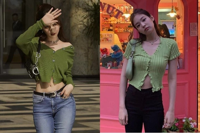 Ngọc Trinh khoe nét gợi cảm bằng cách gỡ một vài cúc áo trên chiếc áo len dáng croptop. Cách biến tấu của "nữ hoàng nội y" có phần giống Jennie - thành viên nhóm nhạc Hàn Quốc Black Pink. Ảnh: Tổng hợp