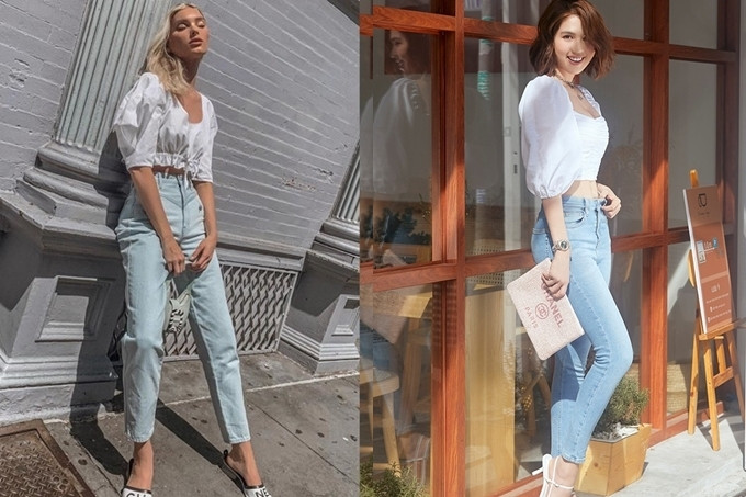 Mỹ nhân 30 tuổi tiếp tục học hỏi gu thời trang của siêu mẫu ngoại quốc. Để tạo sự khác biệt, Ngọc Trinh chọn sandals quai mảnh, trong khi Elsa Hosk thoải mái với dép bệt hiệu Chanel.