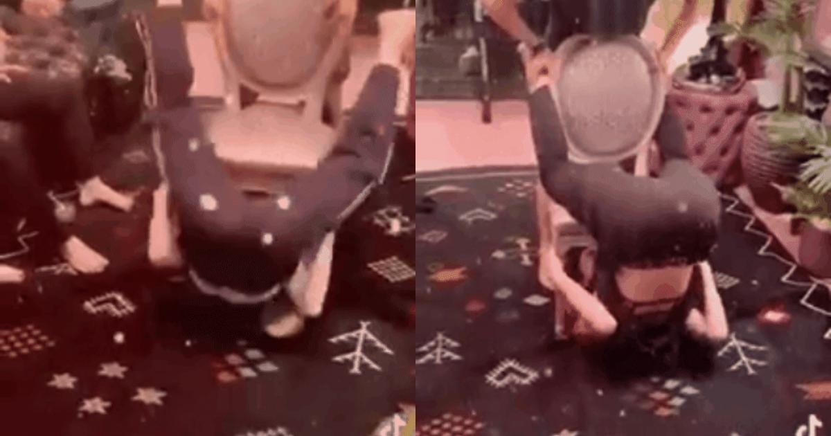 Trong clip, dưới sự cổ vũ của bạn bè, Ngọc Trinh đã có màn lộn người bật lên ghế, hoàn thành thử thách đầy oái oăm chỉ trong 13 giây.