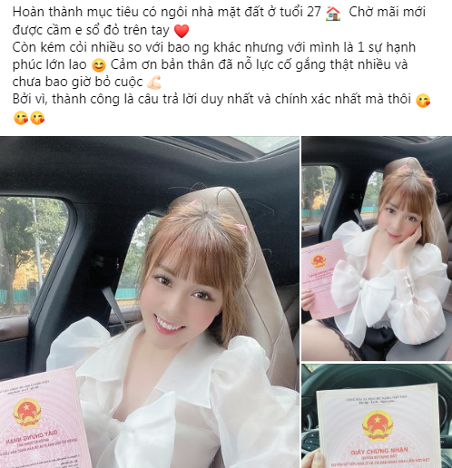 Vào tối qua, nữ giảng viên Âu Hà My hào hứng chia sẻ hình ảnh xinh đẹp về bản thân cùng chiếc sổ đỏ về quyền sở hữu đất. Thành tích này của nàng hot girl khiến dân tình ngưỡng mộ. Ảnh: Chụp màn hình