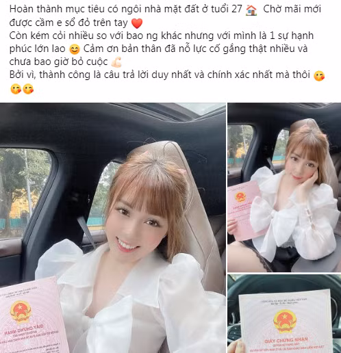 Vào tối qua, nữ giảng viên Âu Hà My hào hứng chia sẻ hình ảnh xinh đẹp về bản thân cùng chiếc sổ đỏ về quyền sở hữu đất. Thành tích này của nàng hot girl khiến dân tình ngưỡng mộ. Ảnh: Chụp màn hình