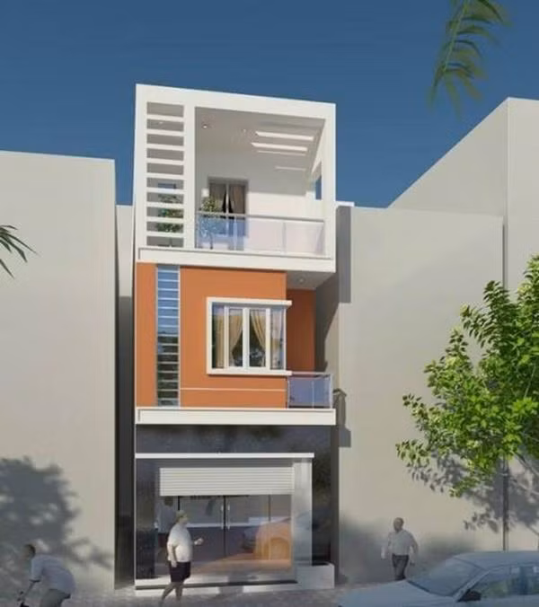 Điểm nhấn của ngôi nhà 3 tầng là ban công lệch nằm sát góc tường với nhà hàng xóm. Ảnh: Internet.