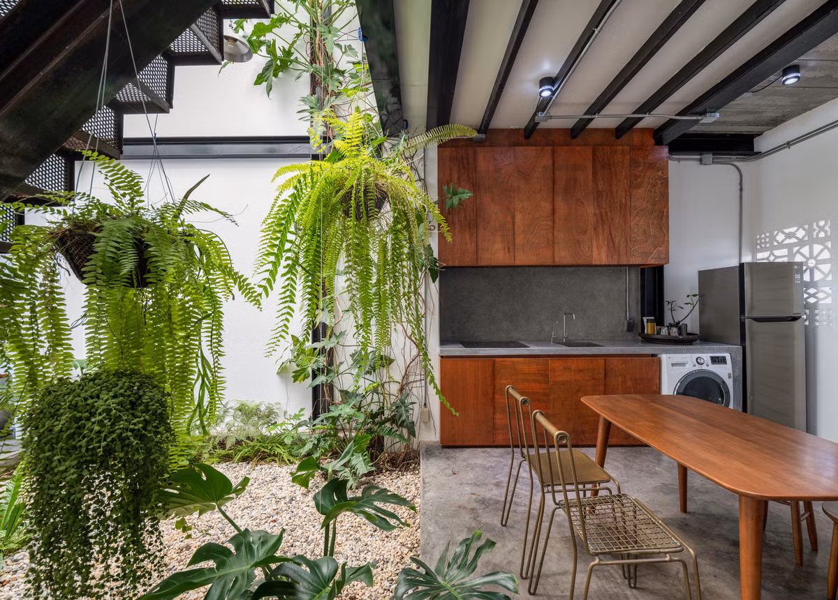 Bếp và bàn ăn được thiết kế mở, gần gũi với thiên nhiên.