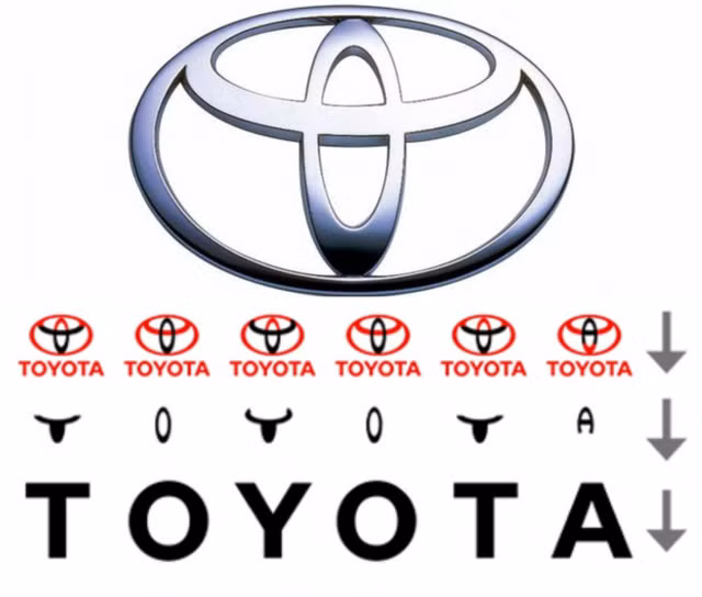 Logo của hãng xe Nhật Toyota đại diện cho hình ảnh của lỗ xỏ kim với sợi chỉ xuyên qua. Điều này là để gợi nhớ qua khứ từng là công ty sản xuất máy dệt trước đây của Toyota. Thú vị hơn, từng phần của logo này cũng là các chữ cái trong “Toyota”.