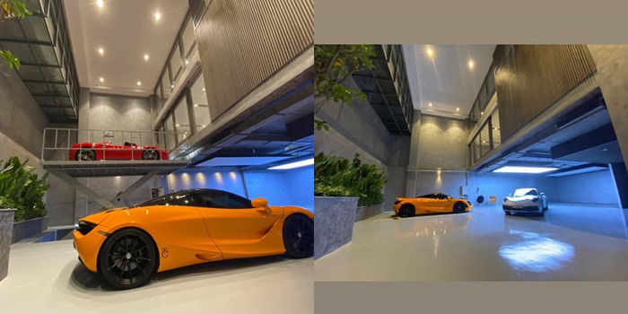 Biệt thự mới của vợ chồng Đàm Thu Trang có khu vực để xe rộng chẳng thua kém gì trung tâm thương mại. Ảnh: FB Cường Đôla.