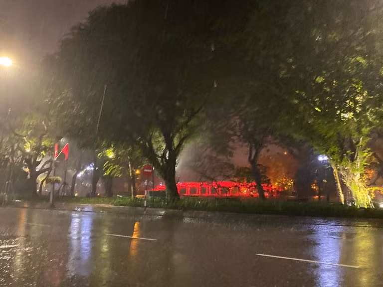 Xung quanh Hồ Gươm cũng vắng hoa, chỉ có ánh điện và những hạt mưa.