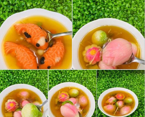Năm nay, chè trôi nước được tạo hình đủ loại vô cùng bắt mắt. Một hộp lớn gồm: 1 cá chép, 1 trái đào, 1 hoa sen, 1 đài sen, 1 hoa anh đào, kèm nước cốt siêu béo có giá 125.000 đồng. Nguồn ảnh: Facebook.