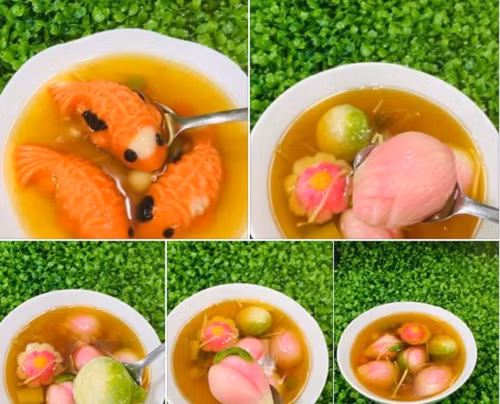 Năm nay, chè trôi nước được tạo hình đủ loại vô cùng bắt mắt. Một hộp lớn gồm: 1 cá chép, 1 trái đào, 1 hoa sen, 1 đài sen, 1 hoa anh đào, kèm nước cốt siêu béo có giá 125.000 đồng. Nguồn ảnh: Facebook.