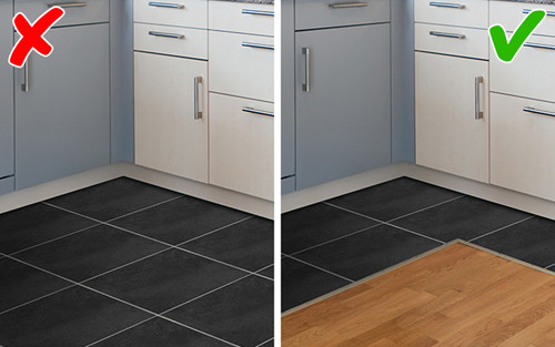 Dù sàn gỗ công nghiệp laminate rất phổ biến, đừng dùng lát bếp vì nó dễ bị rộp khi ngấm nước. Ảnh: Brightside.