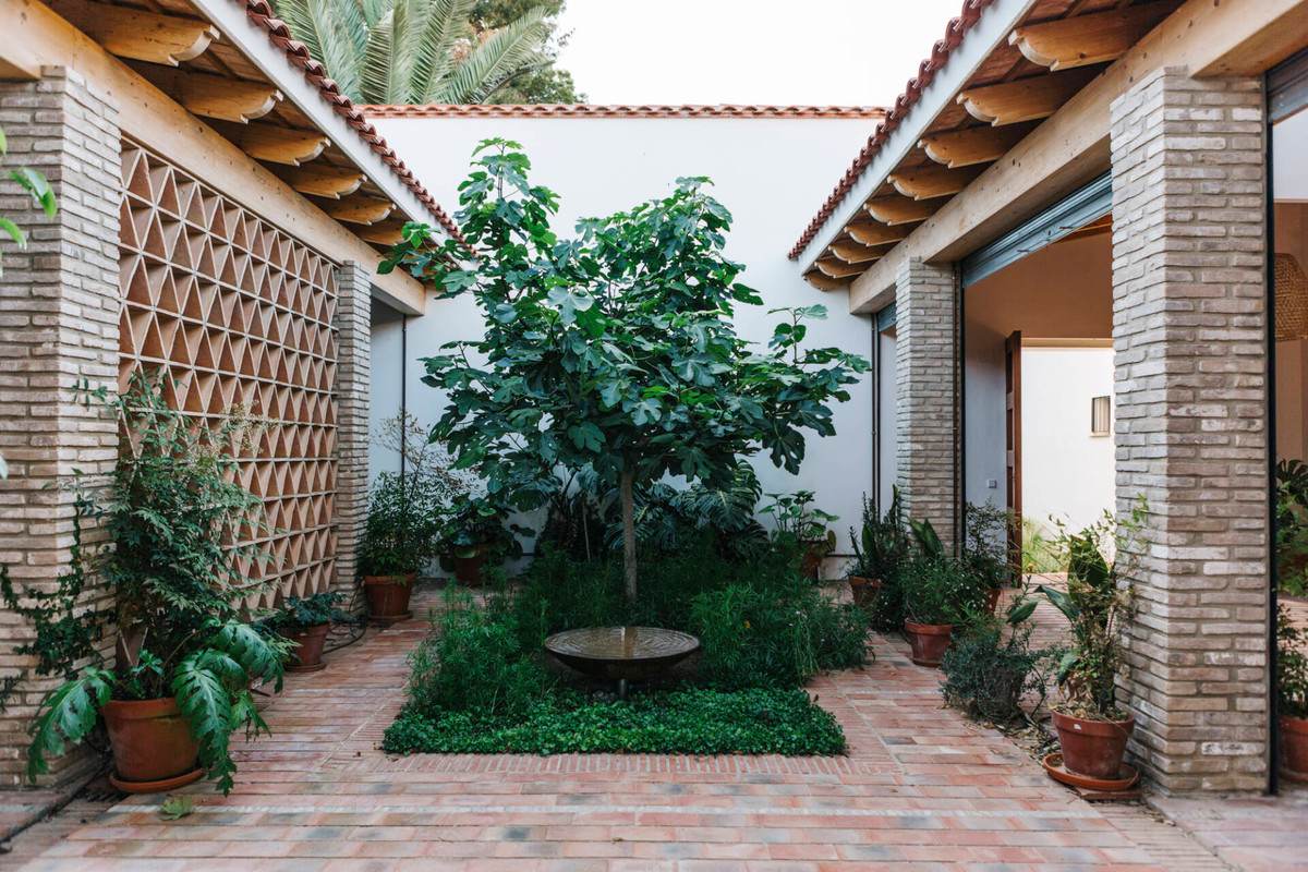 Đi qua cổng là khu vườn nhỏ xanh mướt cùng không gian gạch đất nung thô mộc.