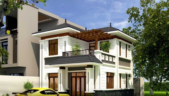 Thiết kế nhà vườn 2 tầng với tông màu trắng ghi chủ đạo. Ảnh: Thietkethicongnhadep.