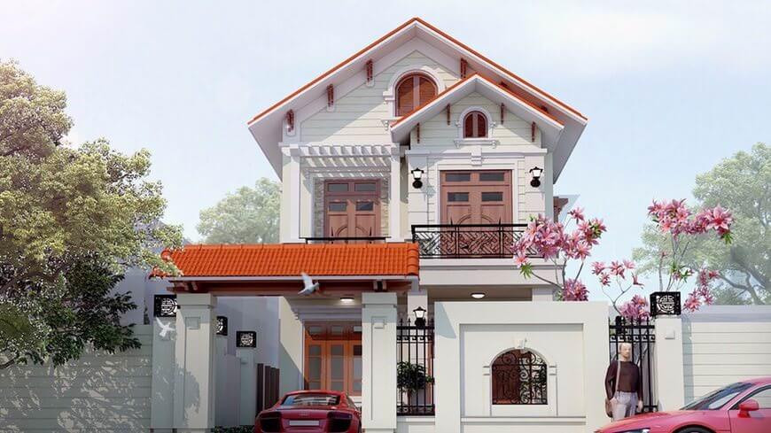 Mẫu nhà 2 tầng mái thái 3 phòng ngủ với mái ngói giật cấp được xây dựng chủ yếu tại nông thôn. Ảnh: Wedo.