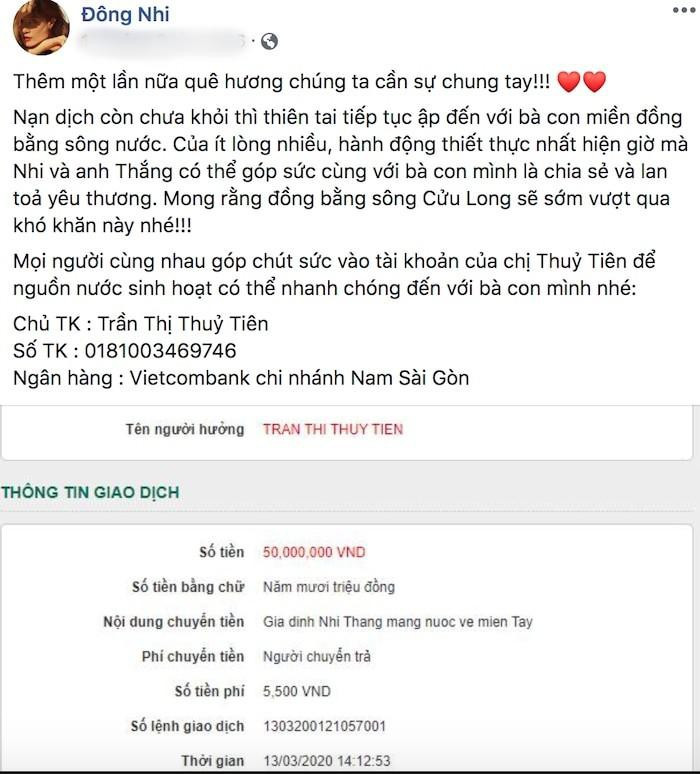 Thông qua phát động của nữ ca sĩ ThuỷTiên, vợ chồng Đông Nhi - Ông Cao Thắng cũng đã ủng hộ 50 triệu đồng để giúp đỡ người dân miền Tây. Ảnh: Một thế giới.