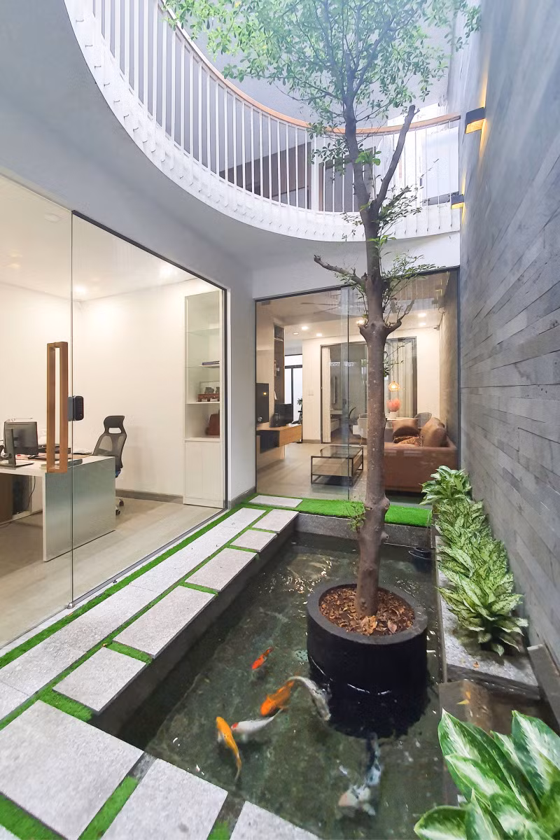 Hồ cá Koi và cây xanh tại khu vực giếng trời có tác dụng điều hòa nhiệt độ, tạo độ ẩm không khí.