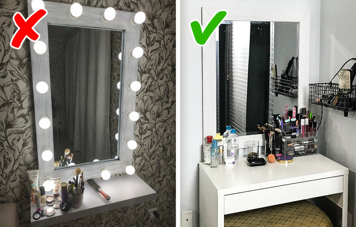 Chiếc gương trang điểm gắn bóng đèn xung quanh là ước mơ của rất nhiều tín đồ thời trang Instagram. Tuy nhiên, chi tiết này lại khiến ngôi nhà trở nên lỗi thời. Hãy thay thế gương và bàn trang điểm với hệ thống đèn dịu nhẹ.