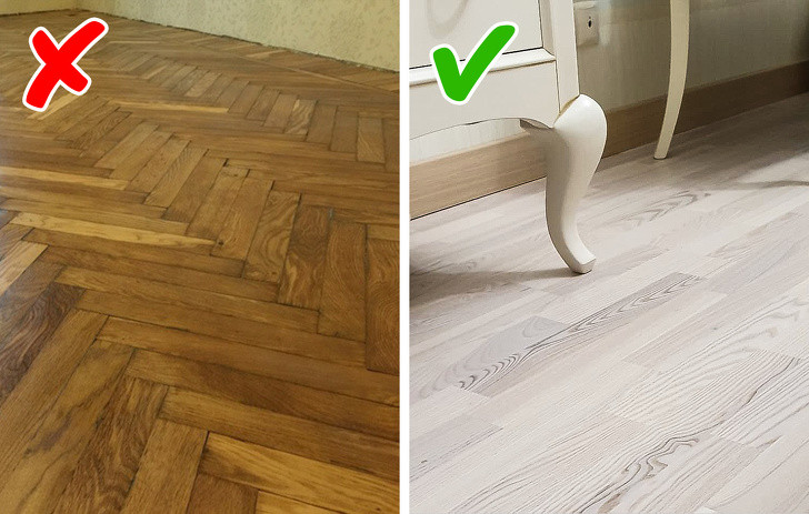 Sàn gỗ lát kiểu xương cá từng được nhiều gia đình lựa chọn nhưng ngày nay nó bị cho là khiến căn nhà trở nên cũ kỹ. Các nhà thiết kế nội thất khuyên nên lựa chọn kiểu lát truyền thống (kiểu xếp đuổi cổ điển) để tạo cảm giác căn phòng như rộng hơn.