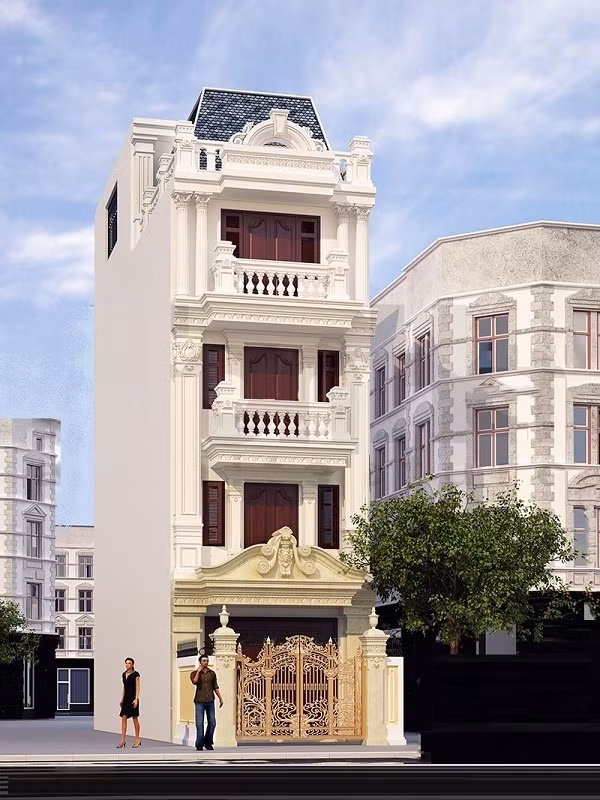 Một chút màu vàng đồng ở cổng và vàng đất ở sảnh giúp căn nhà thêm nổi bật và hấp dẫn. Ảnh: Xaydungso.