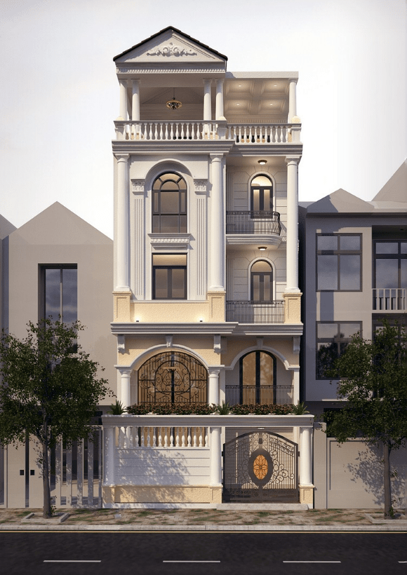 Khoảng xanh trong lành và một chút đá granite ở cổng thổi hồn cho khối kiến trúc nhà phố tân cổ điển nhưng không làm mất đi nét sang trọng, cổ kính. Ảnh: Kientrucboba. Video: Độc đáo cách tạo lối vào nhà. Nguồn: VTC1