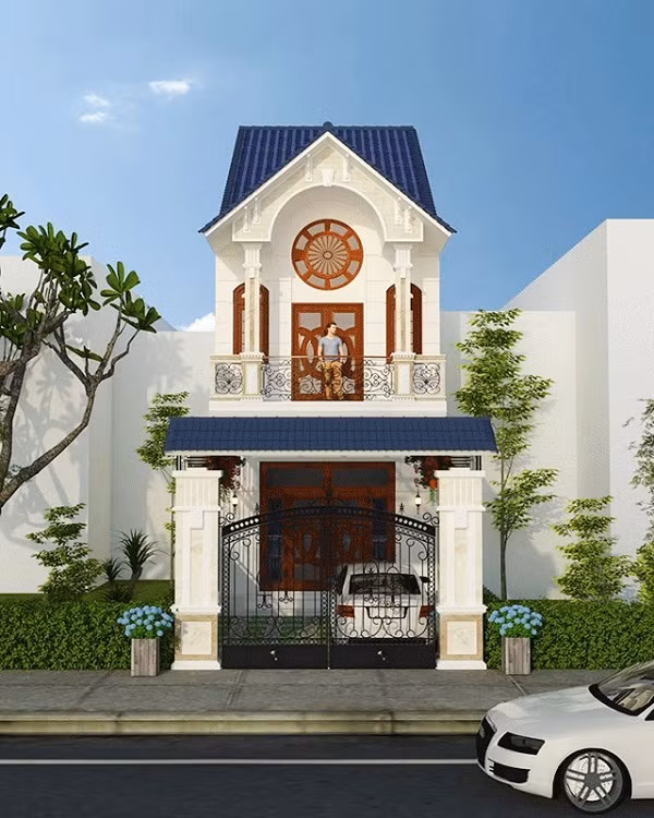 Ngôi nhà được thiết kế với bố cục mạch lạc kết hợp đường nét khoẻ khoắn. Các hoạ tiết hoa văn phào chỉ thiết kế tinh xảo. Ảnh: Xaydungso.