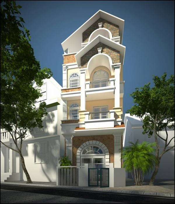 Hàng rào thấp, bụi cây sẽ là phối cảnh tuyệt vời cho nhà phố vừa mang kiểu dáng cổ điển vừa hiện đại. Ảnh: Xaydungso.